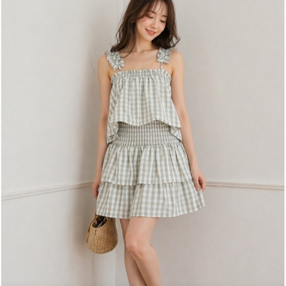 Gingham Tiered Smocked Mini Dress - Light Sage